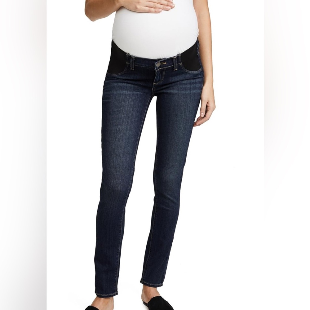 Dark wash accented with whiskering and an ultra-skinny cut PAIGE maternity jeans